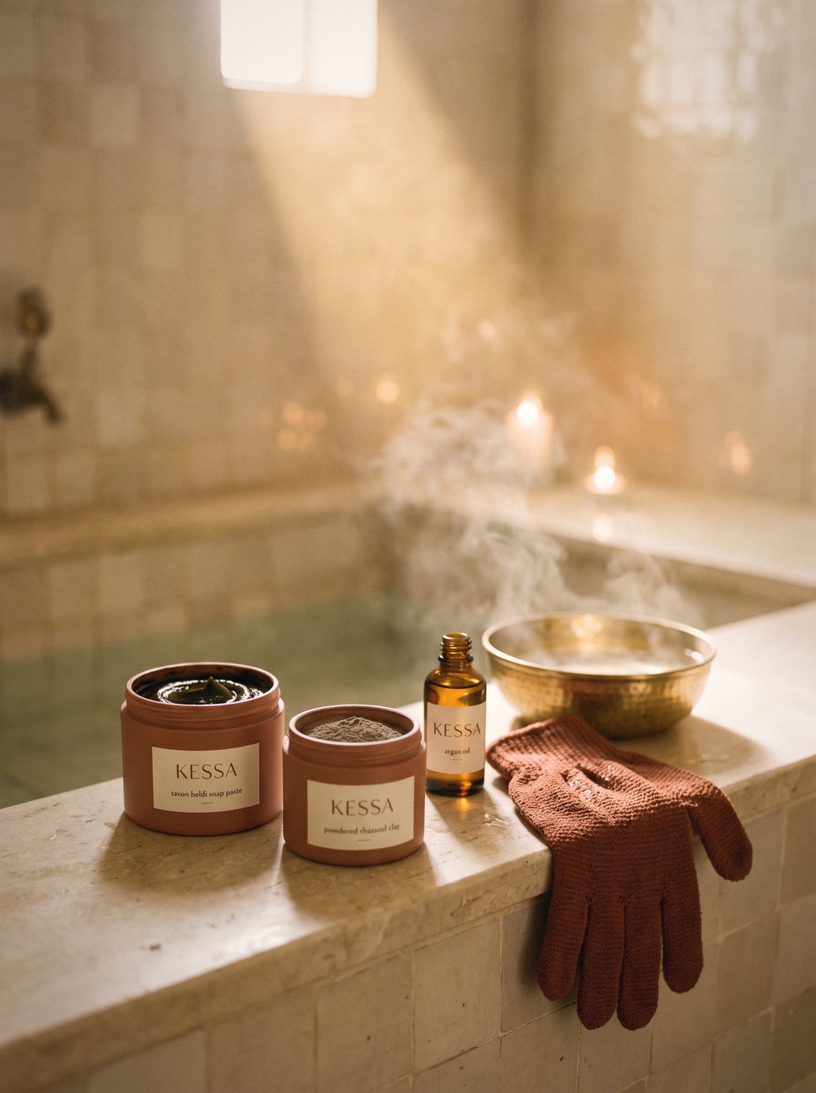The KESSA ritual set on a hammam ledge